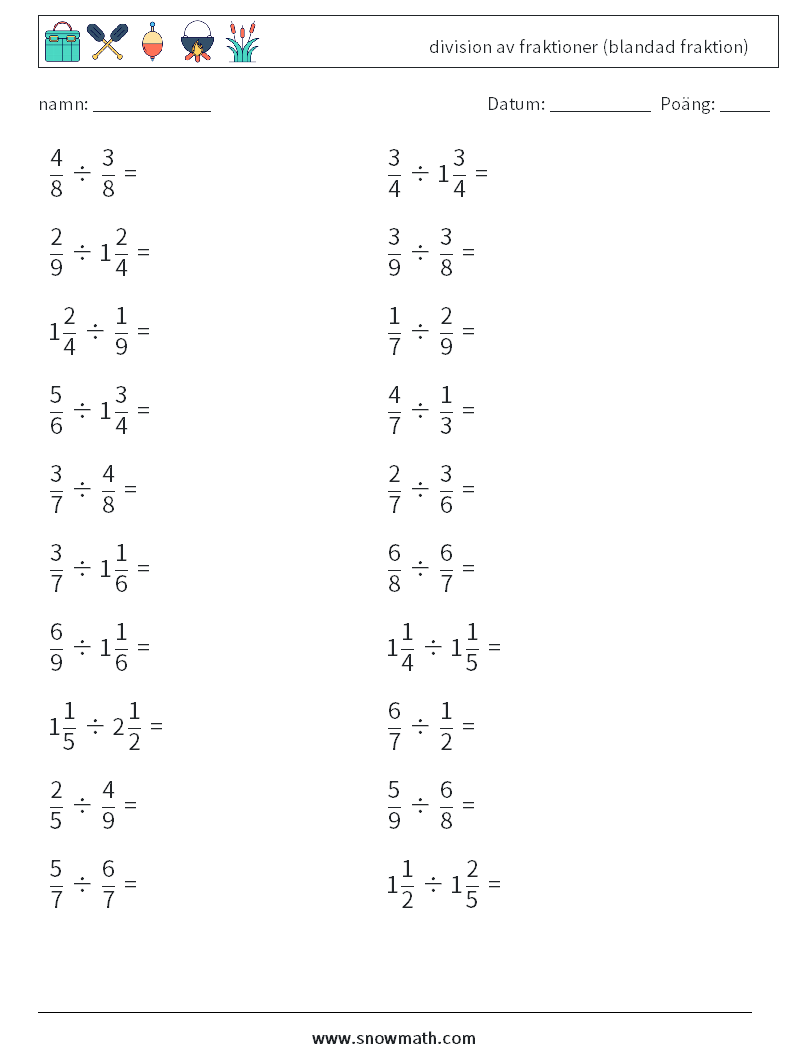 (20) division av fraktioner (blandad fraktion) Matematiska arbetsblad 16