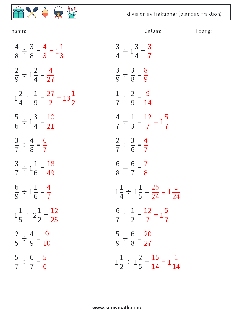 (20) division av fraktioner (blandad fraktion) Matematiska arbetsblad 16 Fråga, svar