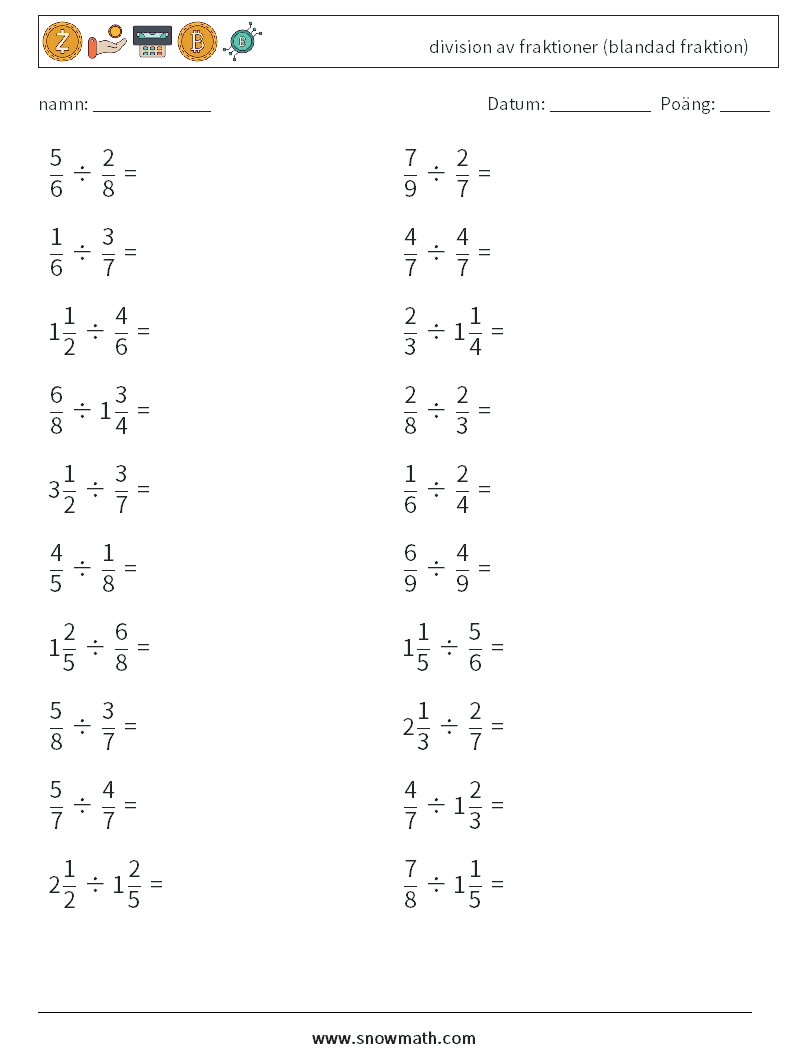 (20) division av fraktioner (blandad fraktion) Matematiska arbetsblad 17