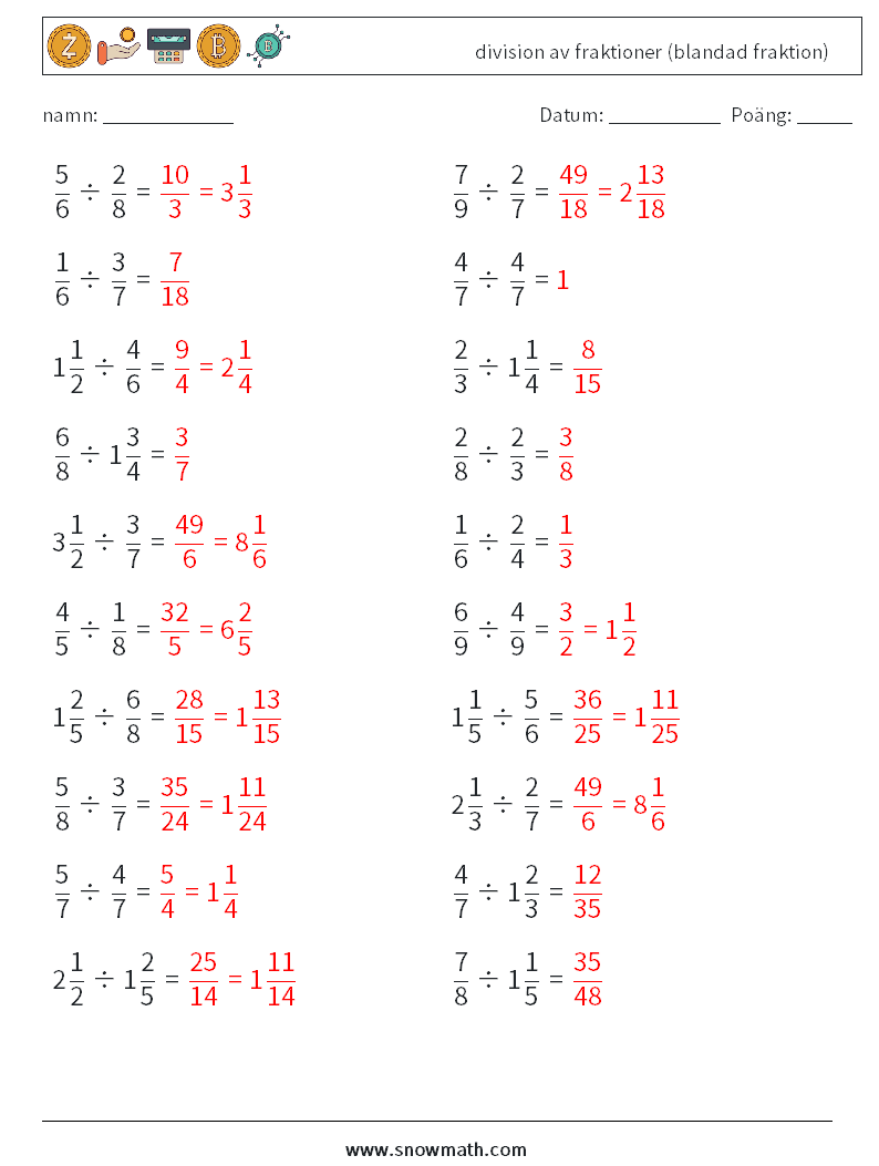 (20) division av fraktioner (blandad fraktion) Matematiska arbetsblad 17 Fråga, svar
