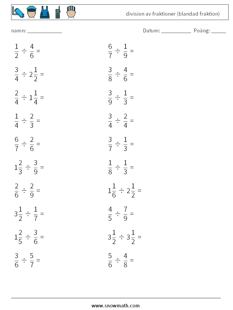 (20) division av fraktioner (blandad fraktion) Matematiska arbetsblad 18
