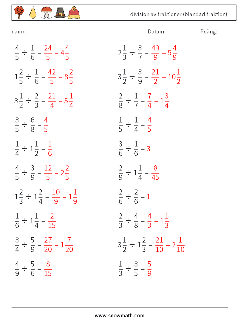 (20) division av fraktioner (blandad fraktion) Matematiska arbetsblad 1 Fråga, svar