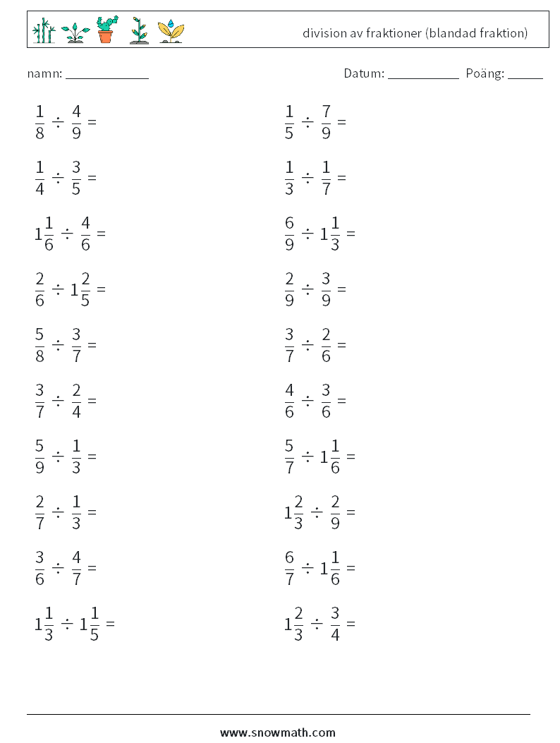 (20) division av fraktioner (blandad fraktion) Matematiska arbetsblad 2