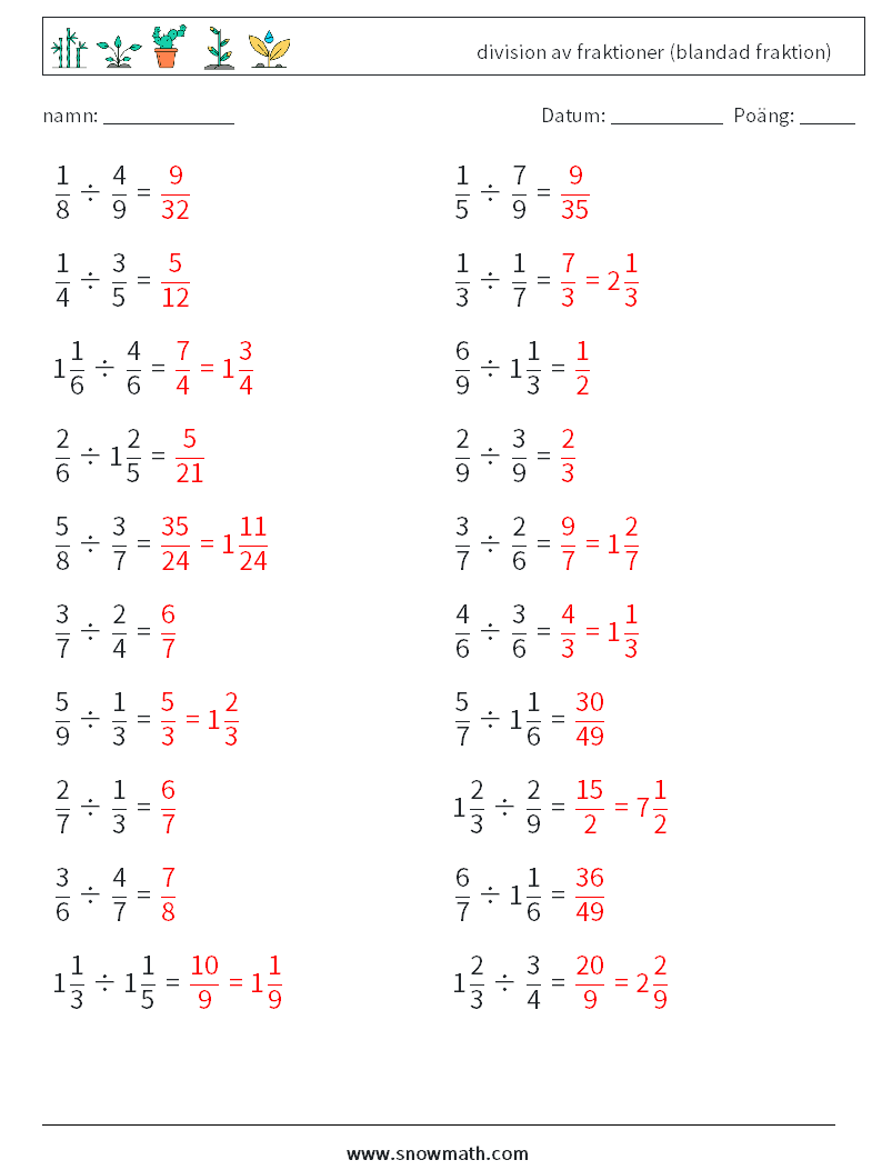 (20) division av fraktioner (blandad fraktion) Matematiska arbetsblad 2 Fråga, svar