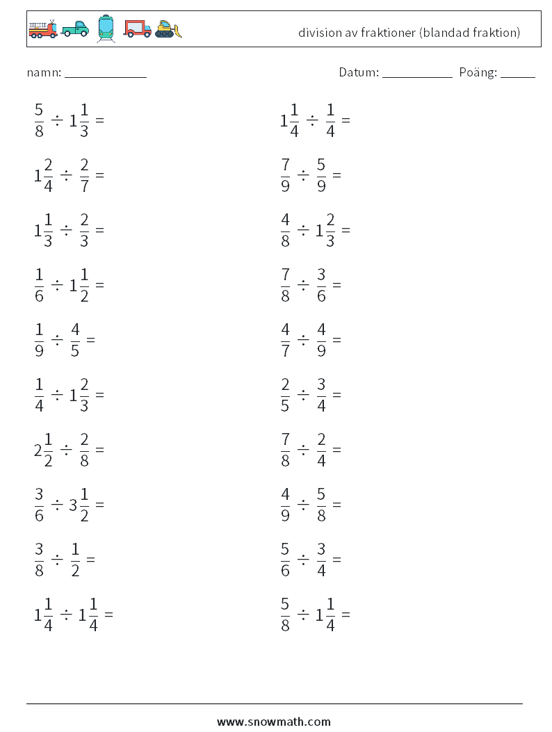 (20) division av fraktioner (blandad fraktion) Matematiska arbetsblad 3