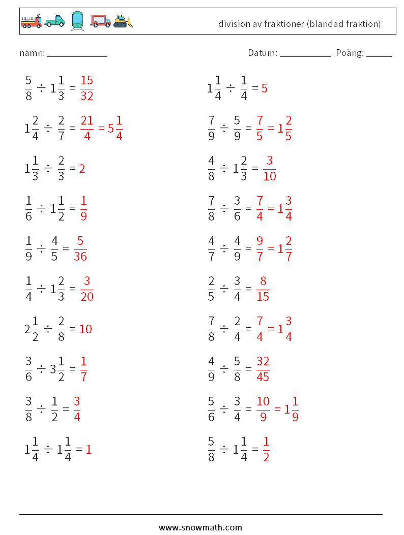 (20) division av fraktioner (blandad fraktion) Matematiska arbetsblad 3 Fråga, svar