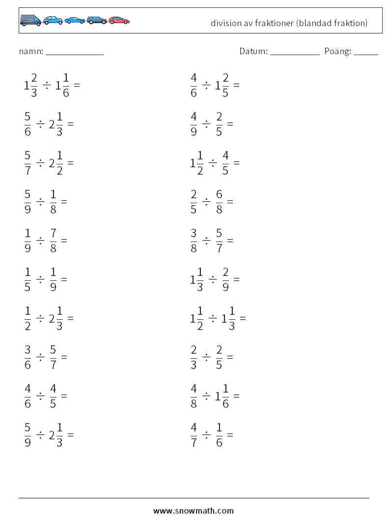 (20) division av fraktioner (blandad fraktion) Matematiska arbetsblad 4