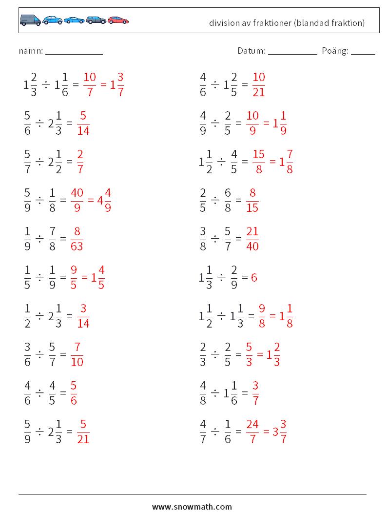 (20) division av fraktioner (blandad fraktion) Matematiska arbetsblad 4 Fråga, svar