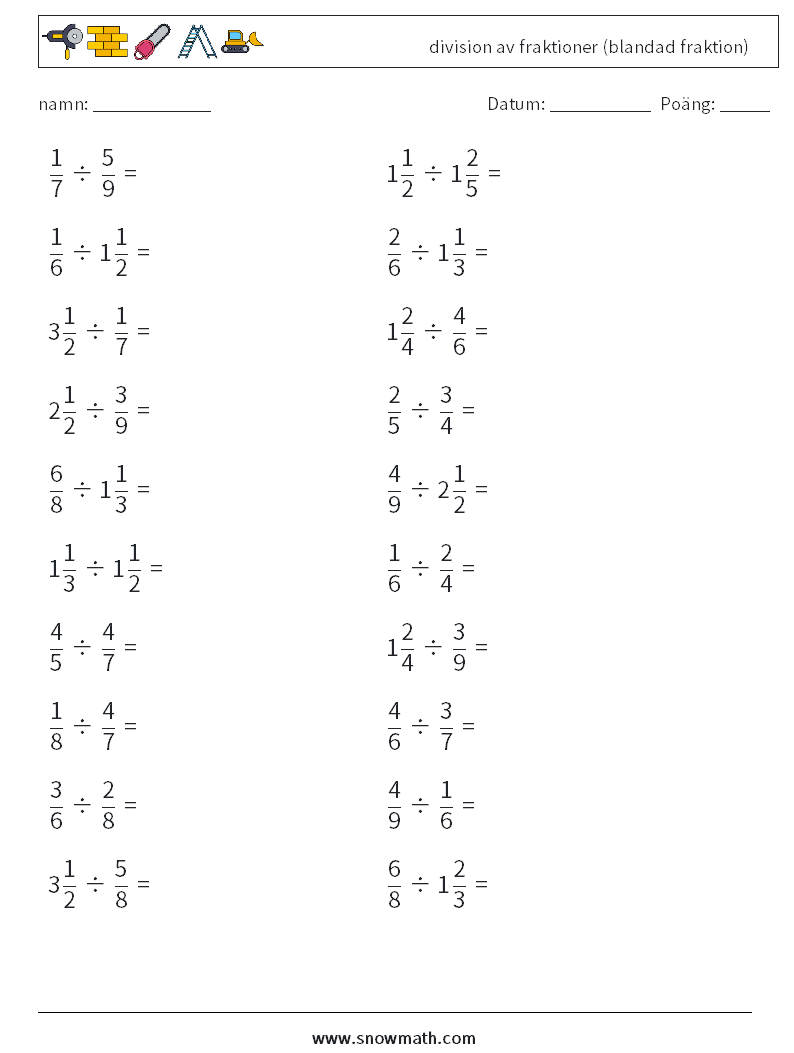 (20) division av fraktioner (blandad fraktion) Matematiska arbetsblad 5