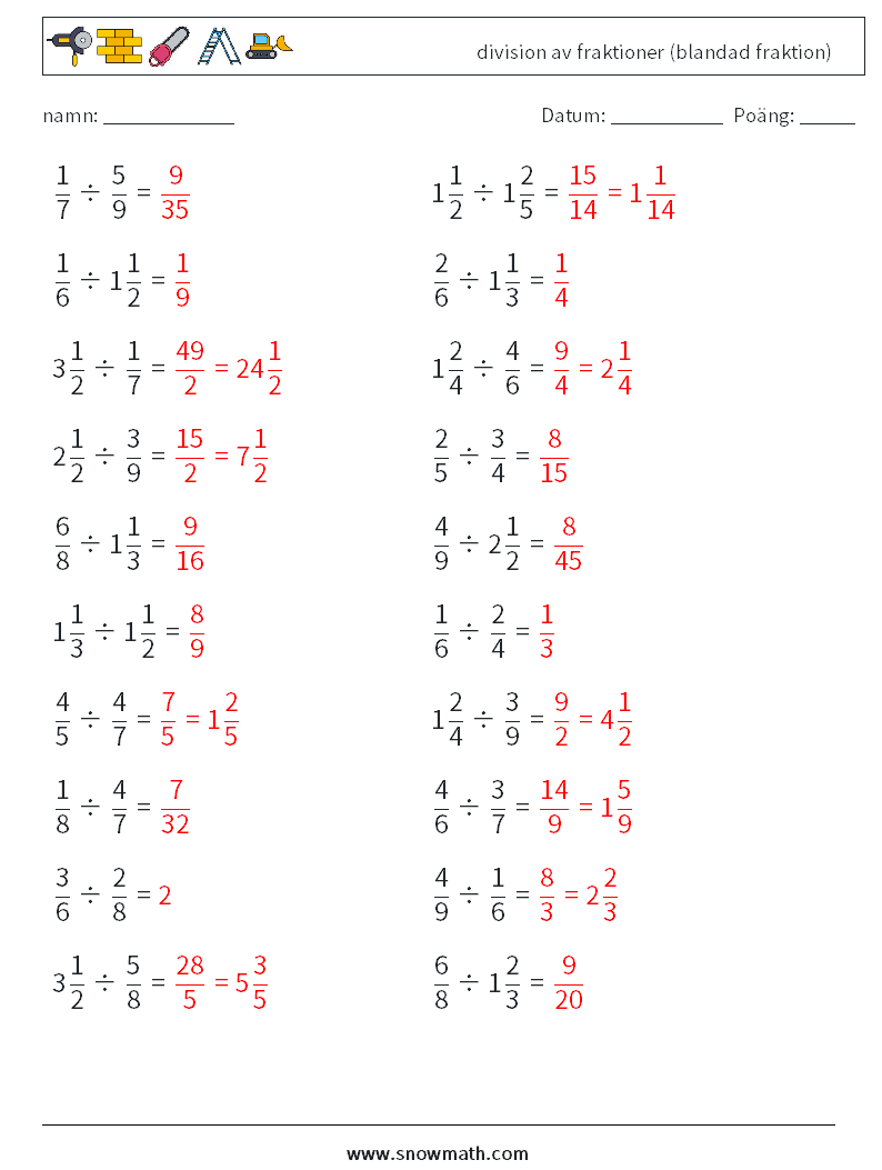 (20) division av fraktioner (blandad fraktion) Matematiska arbetsblad 5 Fråga, svar