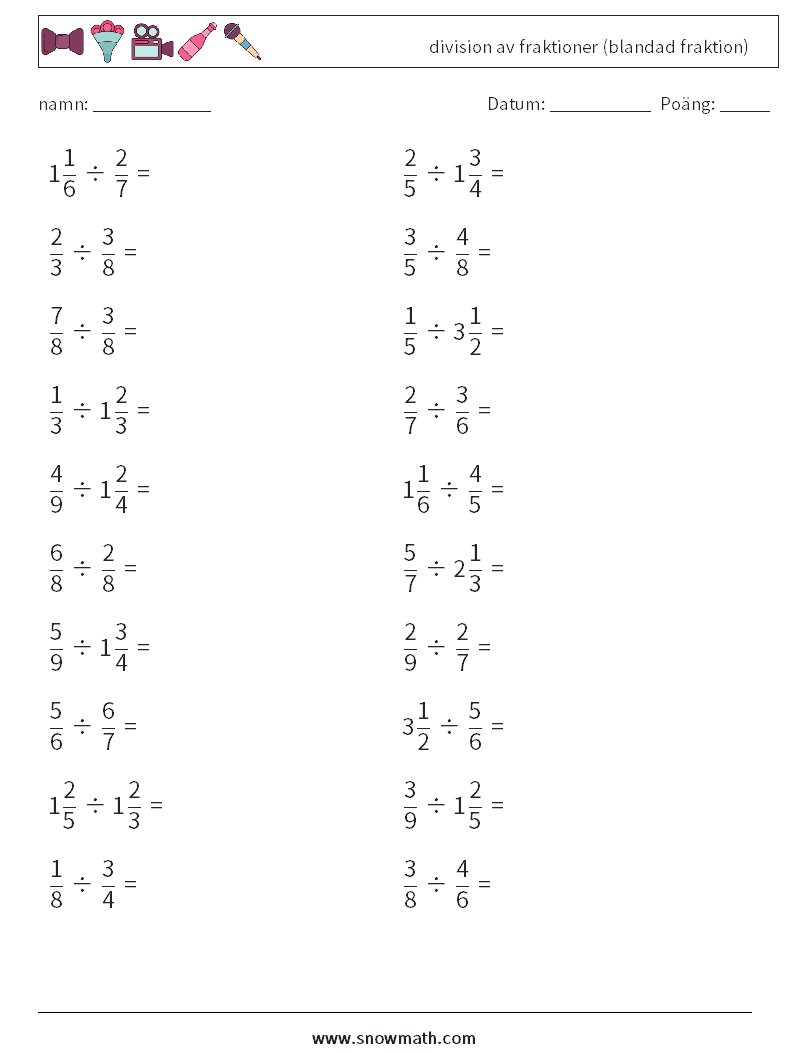 (20) division av fraktioner (blandad fraktion) Matematiska arbetsblad 6