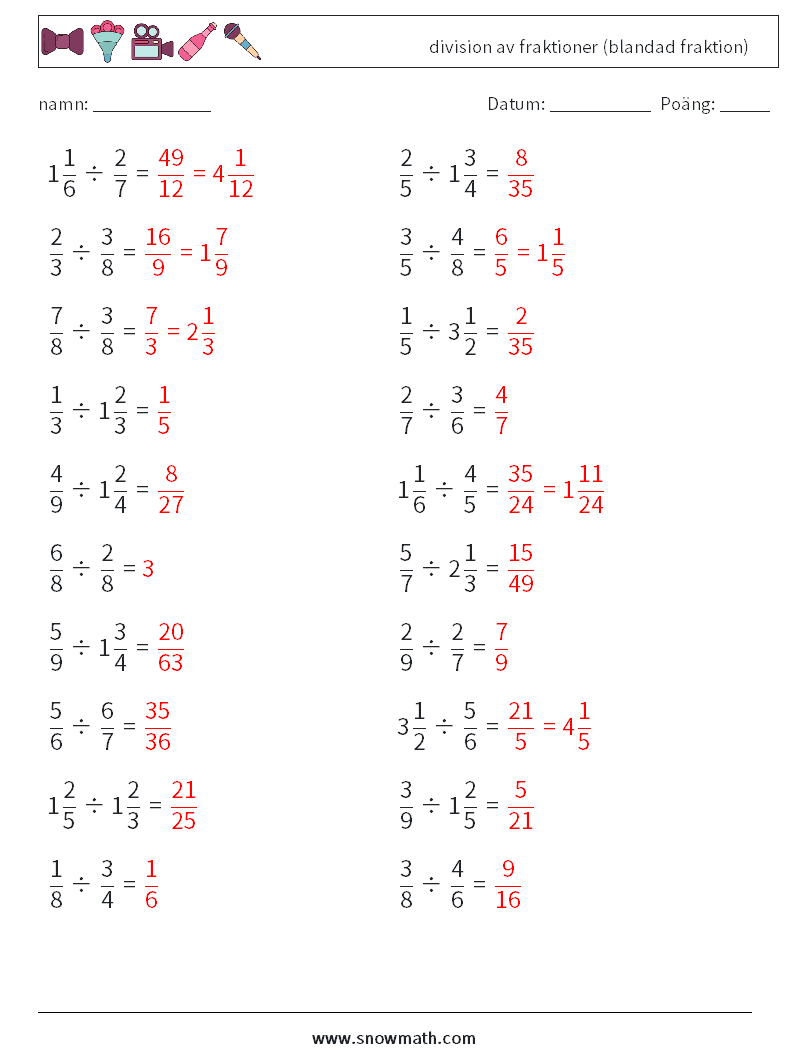 (20) division av fraktioner (blandad fraktion) Matematiska arbetsblad 6 Fråga, svar