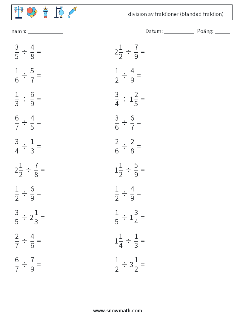 (20) division av fraktioner (blandad fraktion) Matematiska arbetsblad 7