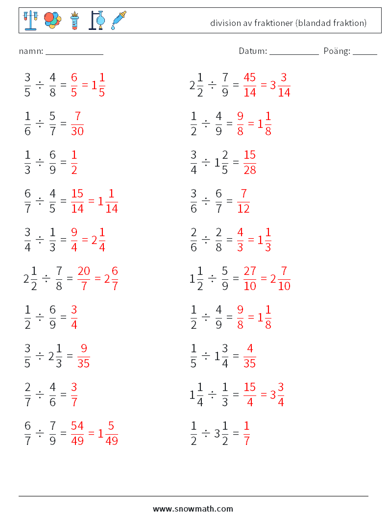 (20) division av fraktioner (blandad fraktion) Matematiska arbetsblad 7 Fråga, svar