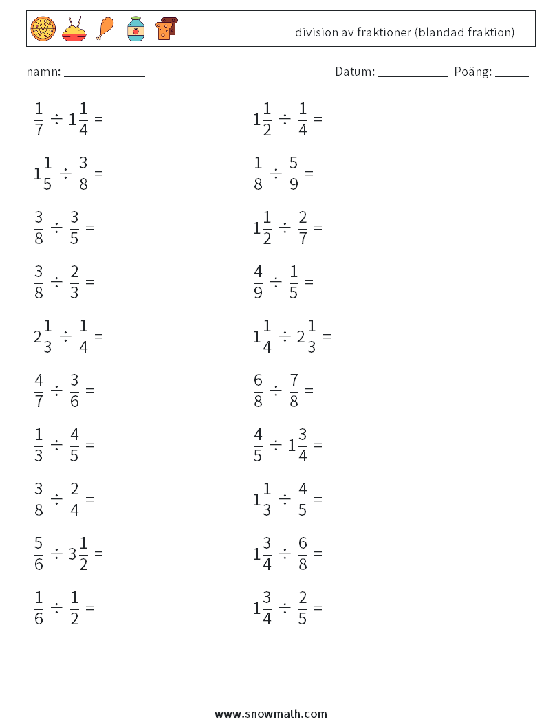 (20) division av fraktioner (blandad fraktion) Matematiska arbetsblad 8