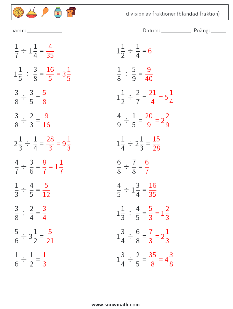(20) division av fraktioner (blandad fraktion) Matematiska arbetsblad 8 Fråga, svar