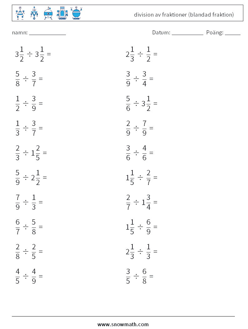 (20) division av fraktioner (blandad fraktion) Matematiska arbetsblad 9