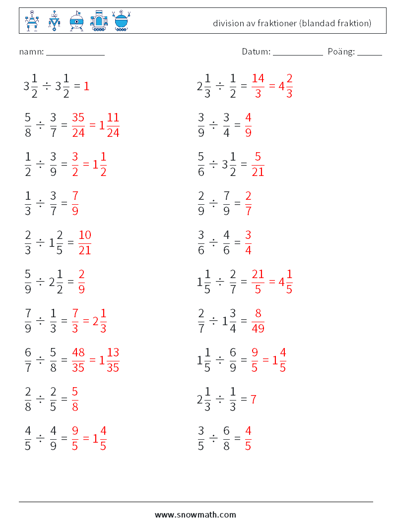 (20) division av fraktioner (blandad fraktion) Matematiska arbetsblad 9 Fråga, svar