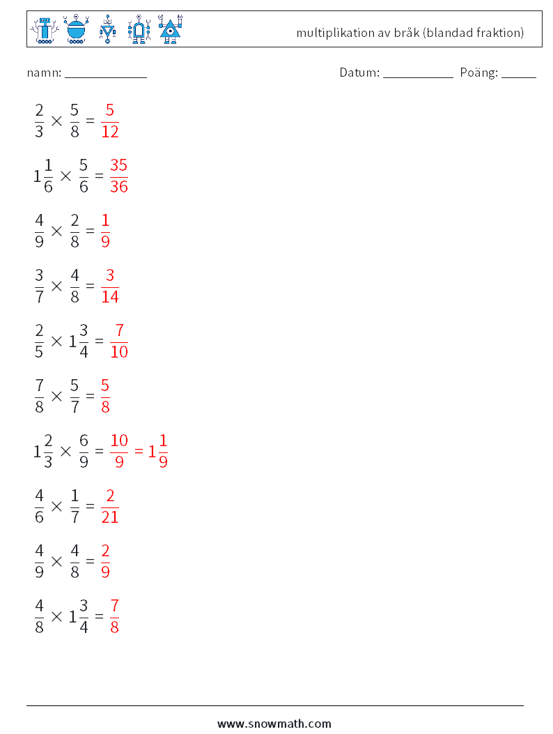 (10) multiplikation av bråk (blandad fraktion) Matematiska arbetsblad 10 Fråga, svar