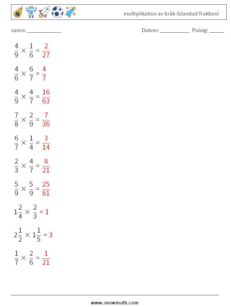 (10) multiplikation av bråk (blandad fraktion) Matematiska arbetsblad 12 Fråga, svar