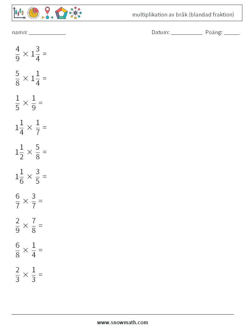 (10) multiplikation av bråk (blandad fraktion) Matematiska arbetsblad 13