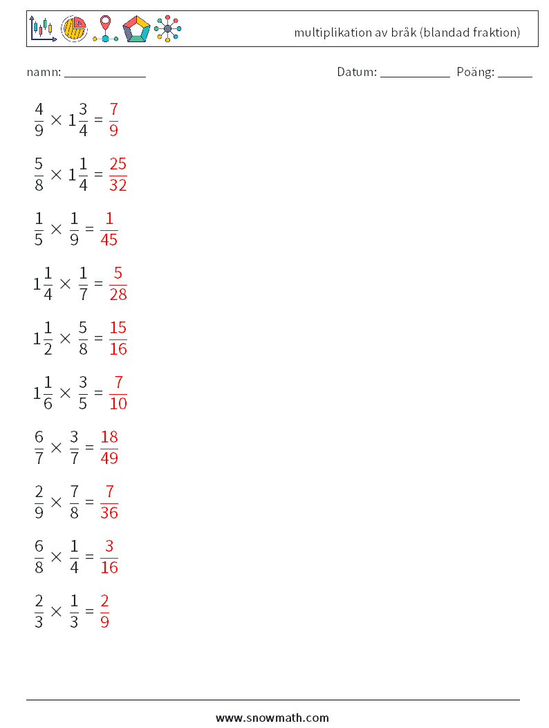 (10) multiplikation av bråk (blandad fraktion) Matematiska arbetsblad 13 Fråga, svar