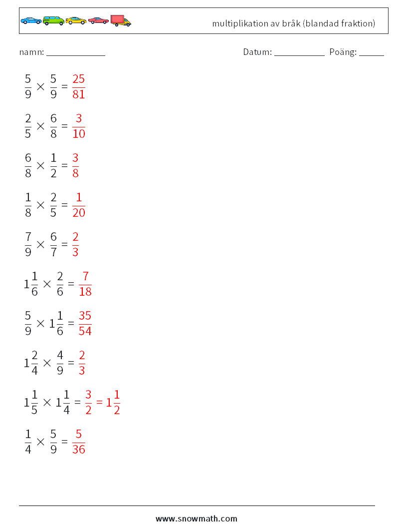 (10) multiplikation av bråk (blandad fraktion) Matematiska arbetsblad 16 Fråga, svar