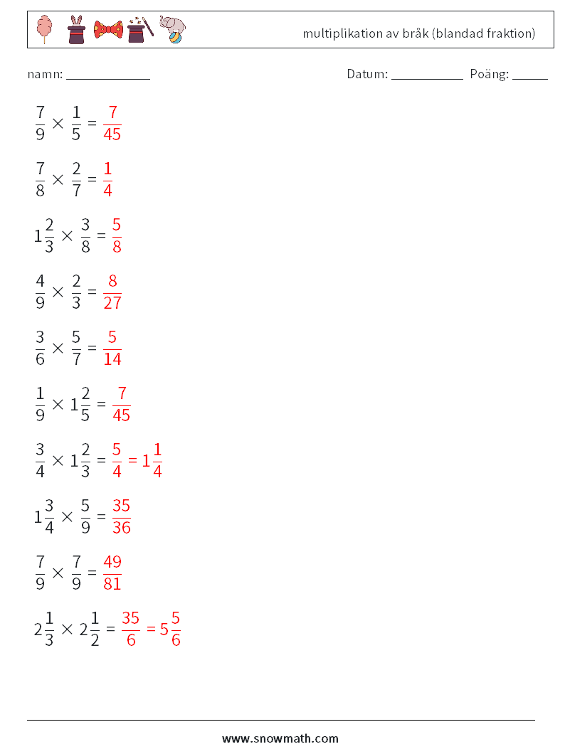 (10) multiplikation av bråk (blandad fraktion) Matematiska arbetsblad 2 Fråga, svar