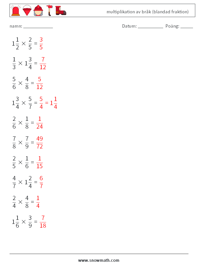 (10) multiplikation av bråk (blandad fraktion) Matematiska arbetsblad 5 Fråga, svar