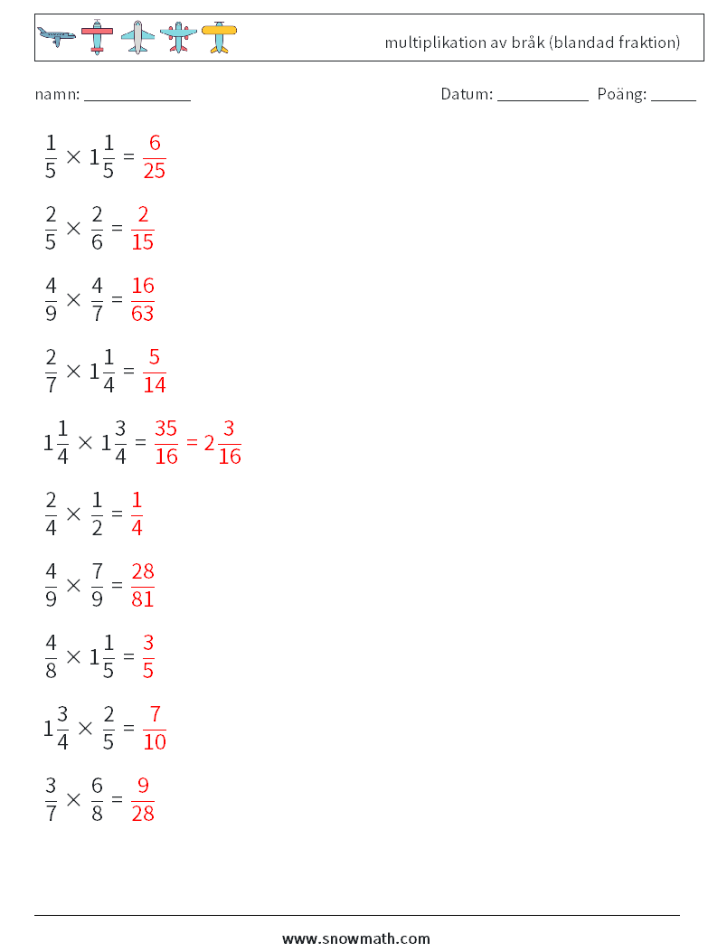 (10) multiplikation av bråk (blandad fraktion) Matematiska arbetsblad 6 Fråga, svar