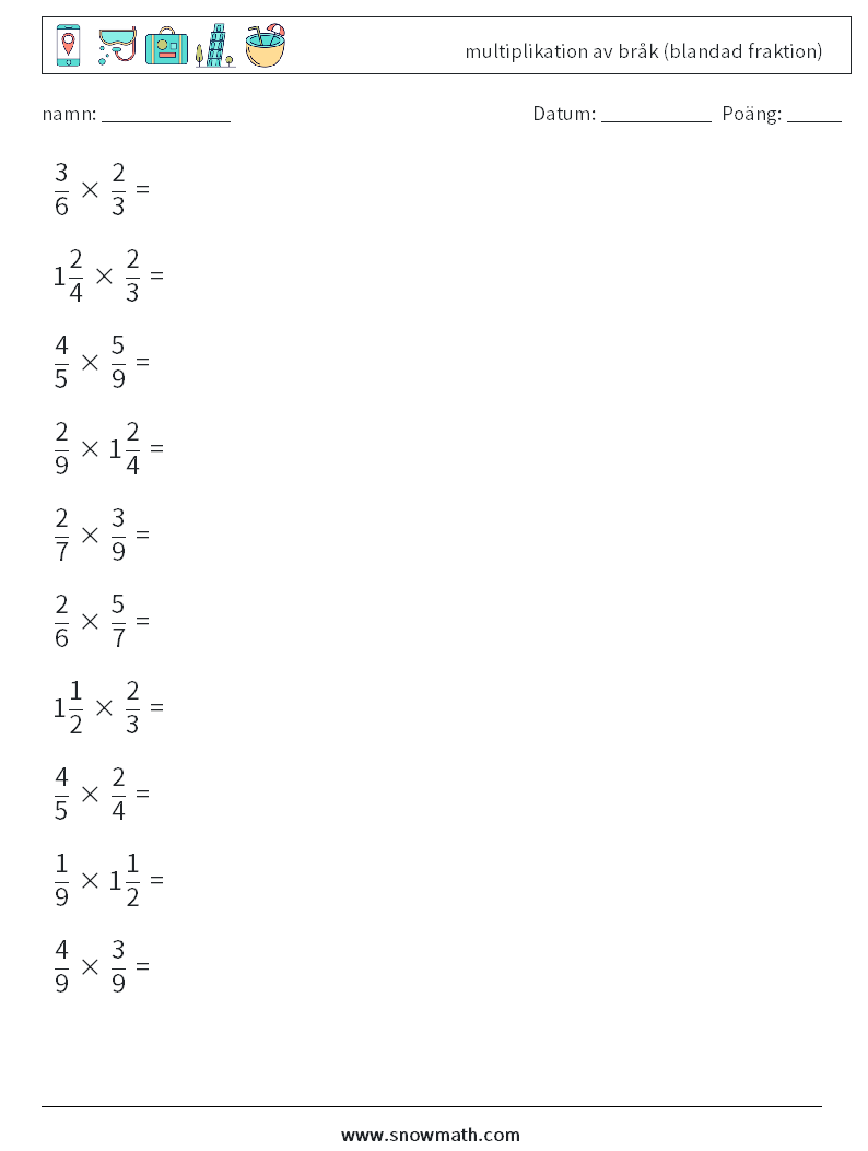 (10) multiplikation av bråk (blandad fraktion) Matematiska arbetsblad 7