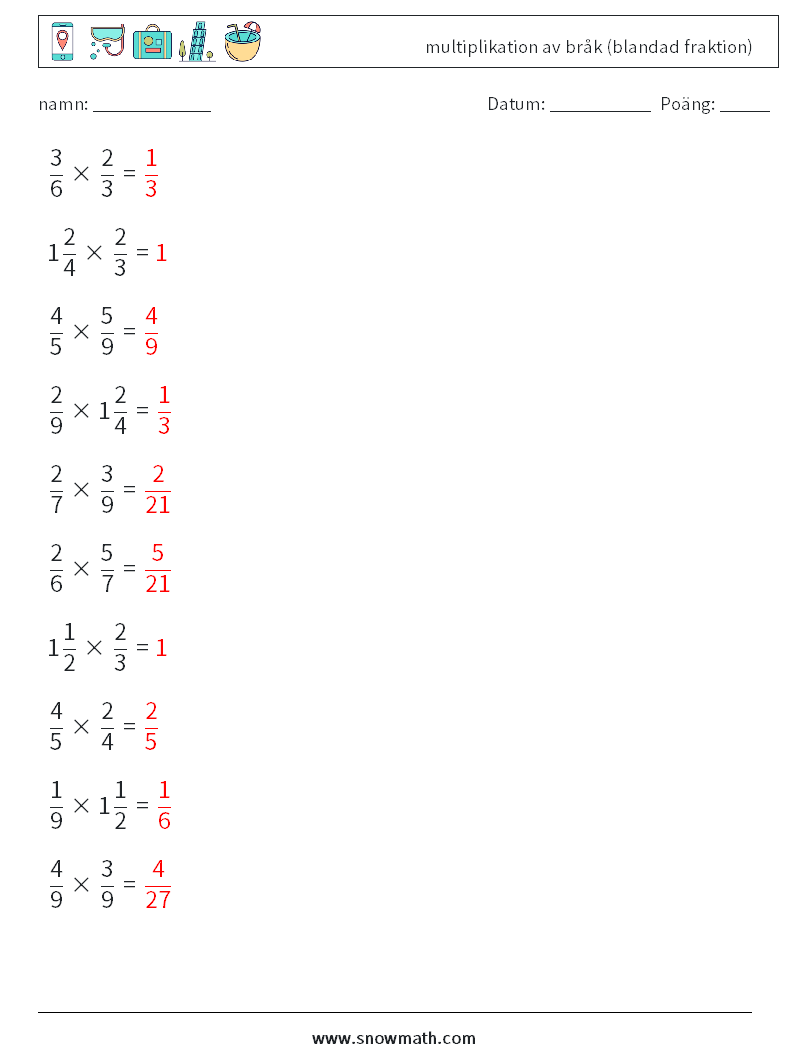 (10) multiplikation av bråk (blandad fraktion) Matematiska arbetsblad 7 Fråga, svar