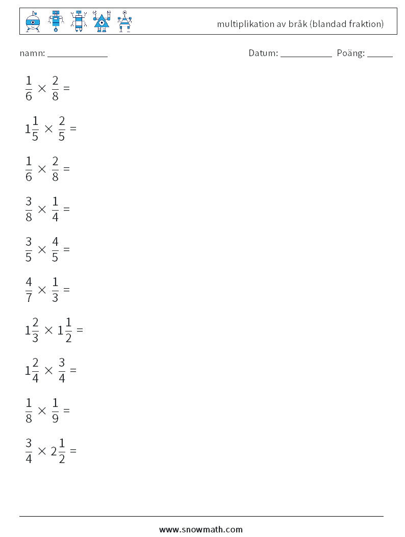 (10) multiplikation av bråk (blandad fraktion) Matematiska arbetsblad 8