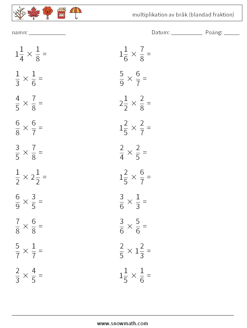 (20) multiplikation av bråk (blandad fraktion) Matematiska arbetsblad 10