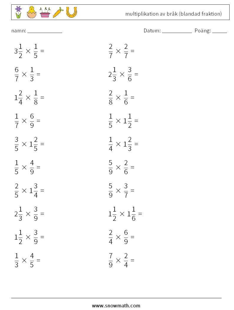 (20) multiplikation av bråk (blandad fraktion) Matematiska arbetsblad 11