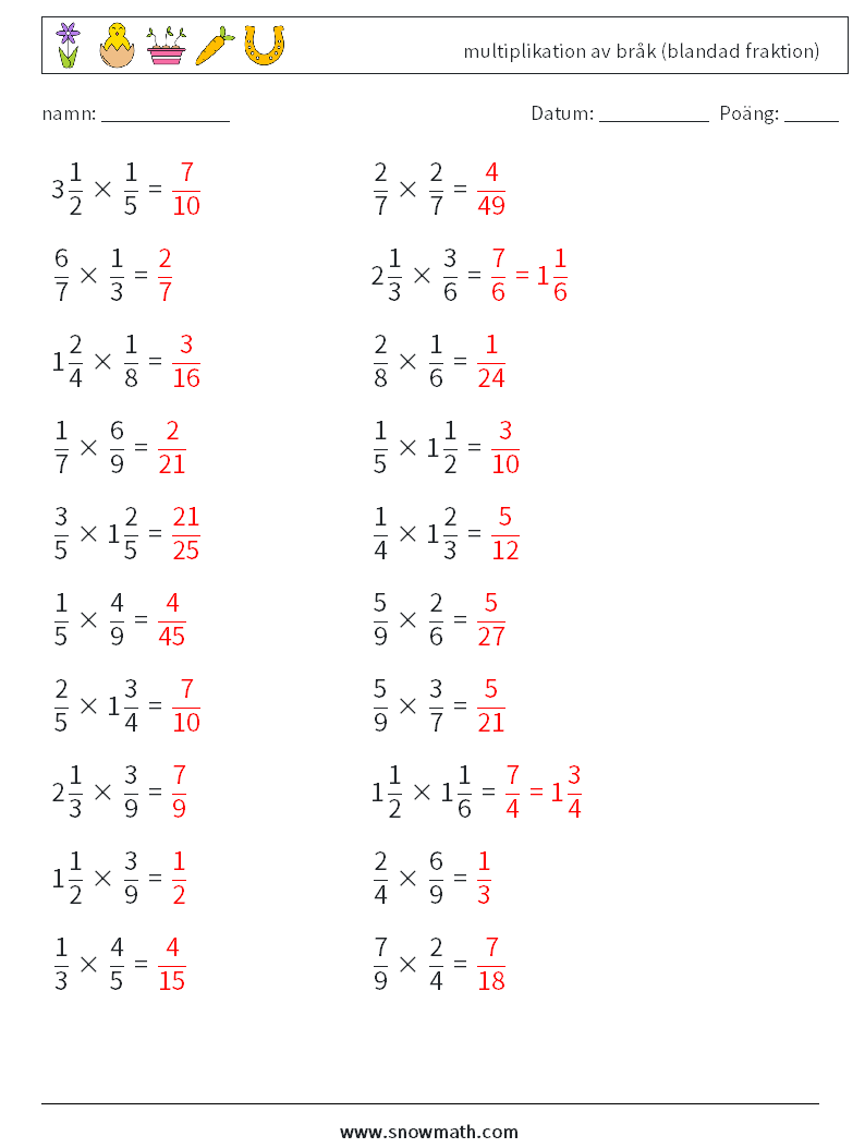 (20) multiplikation av bråk (blandad fraktion) Matematiska arbetsblad 11 Fråga, svar