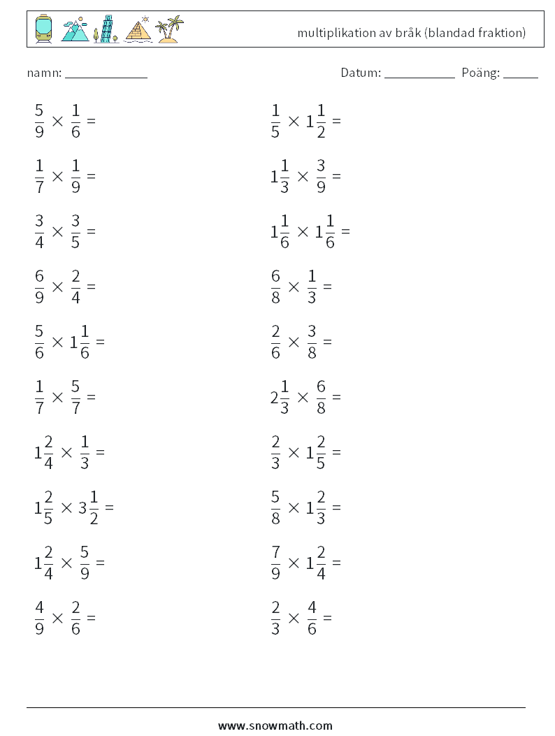(20) multiplikation av bråk (blandad fraktion) Matematiska arbetsblad 12