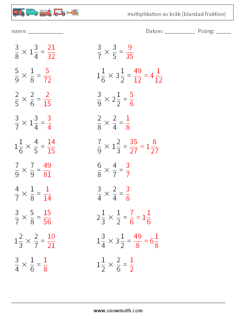 (20) multiplikation av bråk (blandad fraktion) Matematiska arbetsblad 13 Fråga, svar