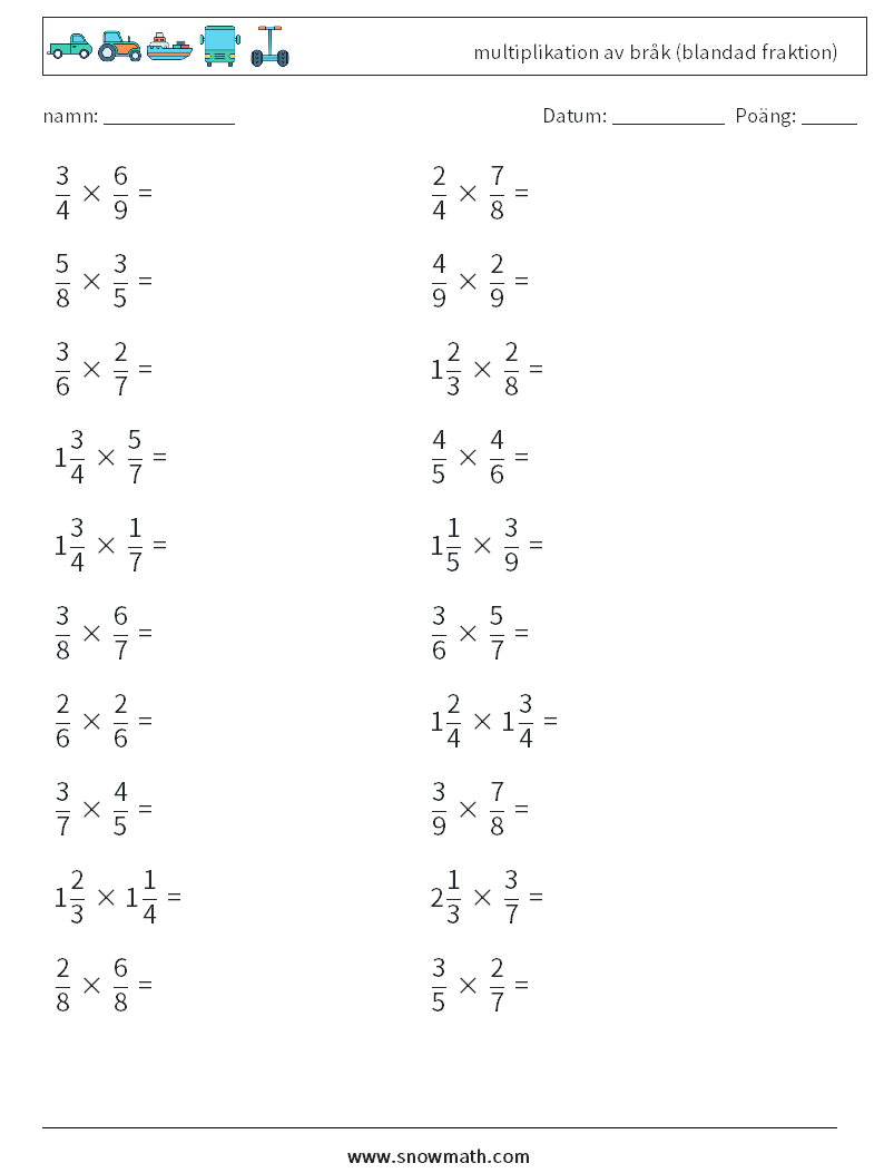 (20) multiplikation av bråk (blandad fraktion) Matematiska arbetsblad 15