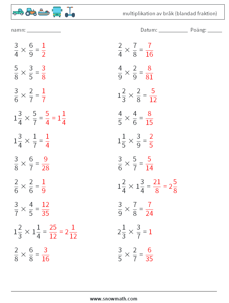 (20) multiplikation av bråk (blandad fraktion) Matematiska arbetsblad 15 Fråga, svar