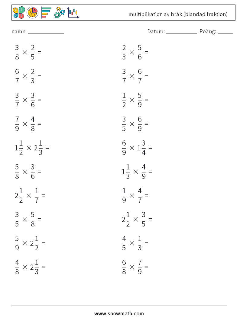 (20) multiplikation av bråk (blandad fraktion) Matematiska arbetsblad 17