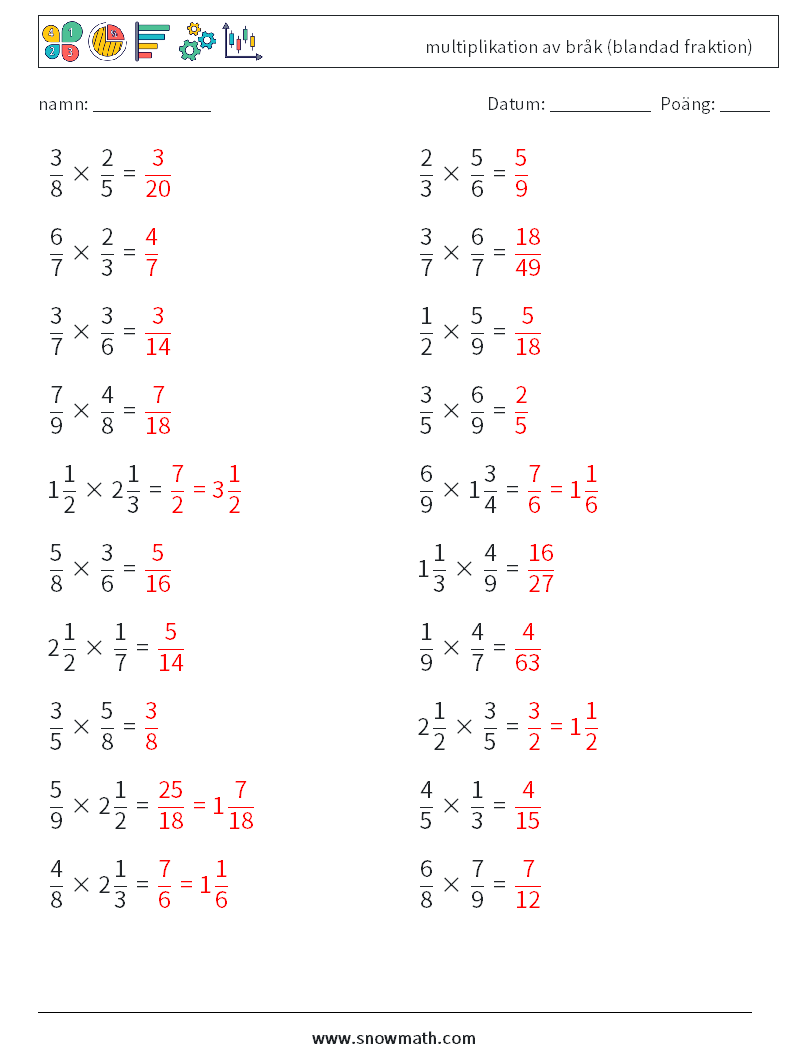 (20) multiplikation av bråk (blandad fraktion) Matematiska arbetsblad 17 Fråga, svar