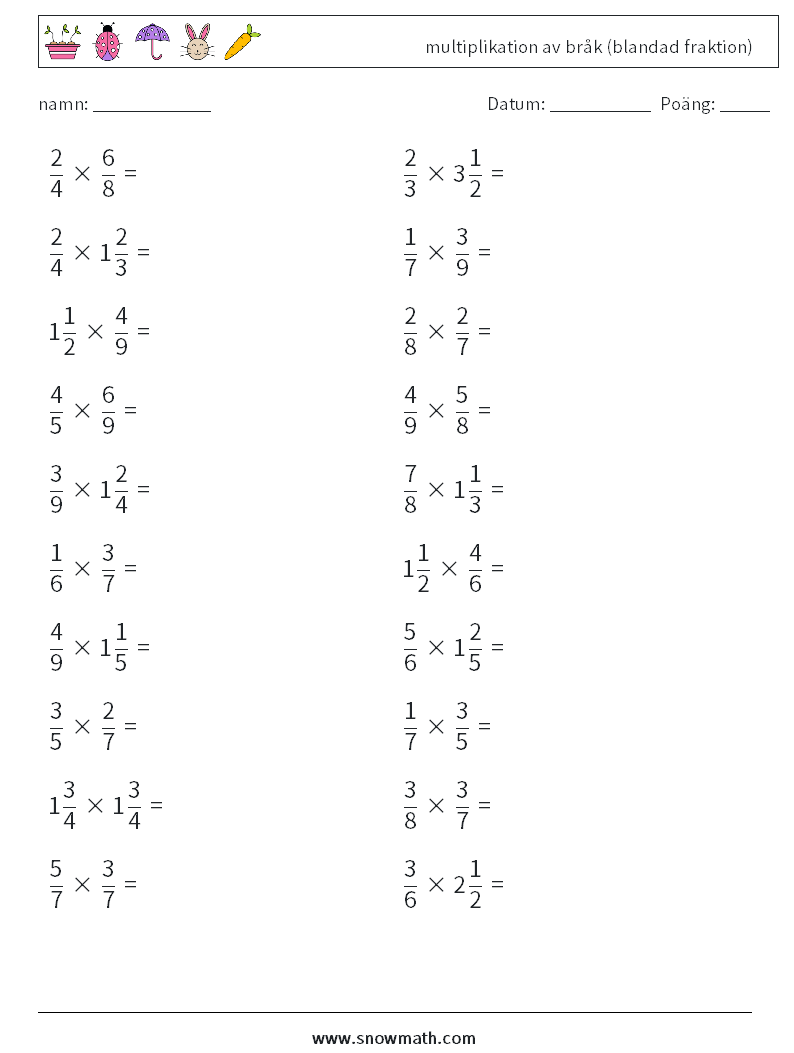 (20) multiplikation av bråk (blandad fraktion) Matematiska arbetsblad 18