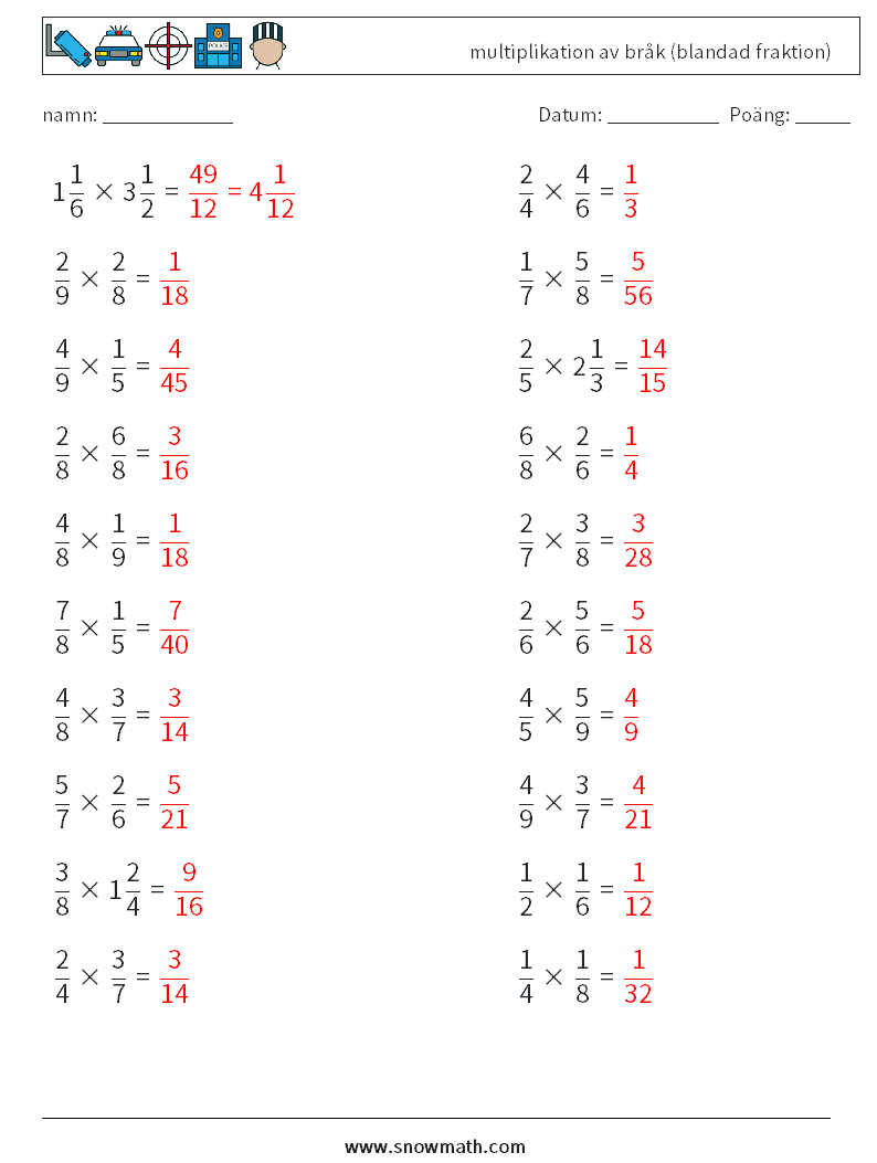 (20) multiplikation av bråk (blandad fraktion) Matematiska arbetsblad 1 Fråga, svar