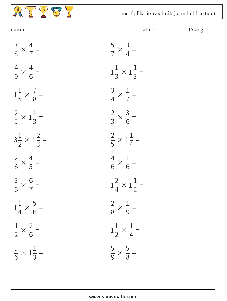 (20) multiplikation av bråk (blandad fraktion) Matematiska arbetsblad 2