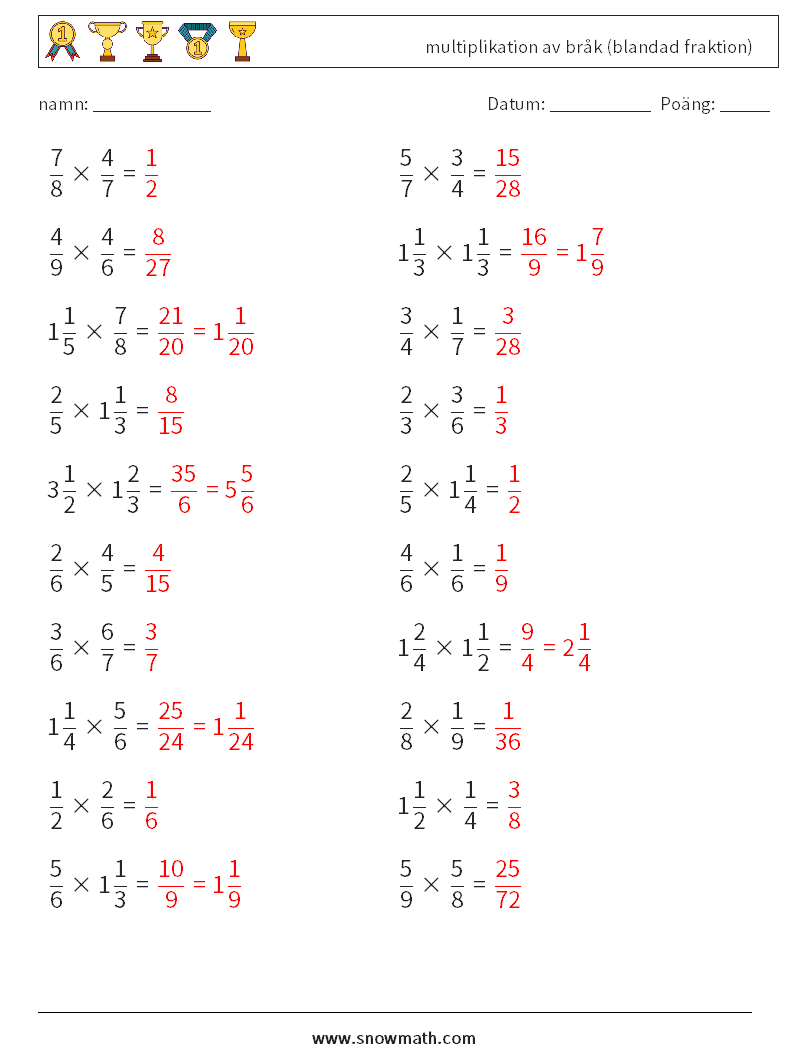 (20) multiplikation av bråk (blandad fraktion) Matematiska arbetsblad 2 Fråga, svar
