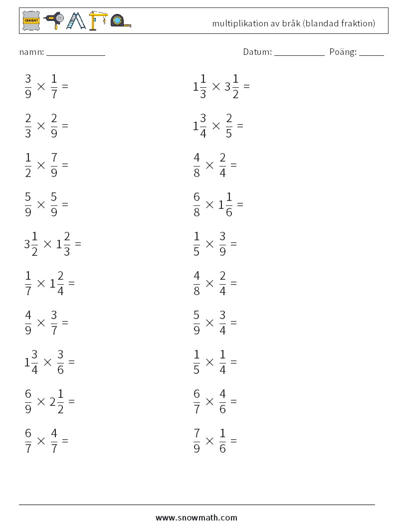 (20) multiplikation av bråk (blandad fraktion) Matematiska arbetsblad 3