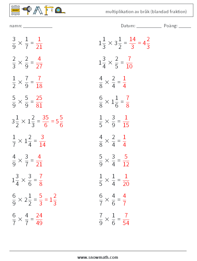 (20) multiplikation av bråk (blandad fraktion) Matematiska arbetsblad 3 Fråga, svar