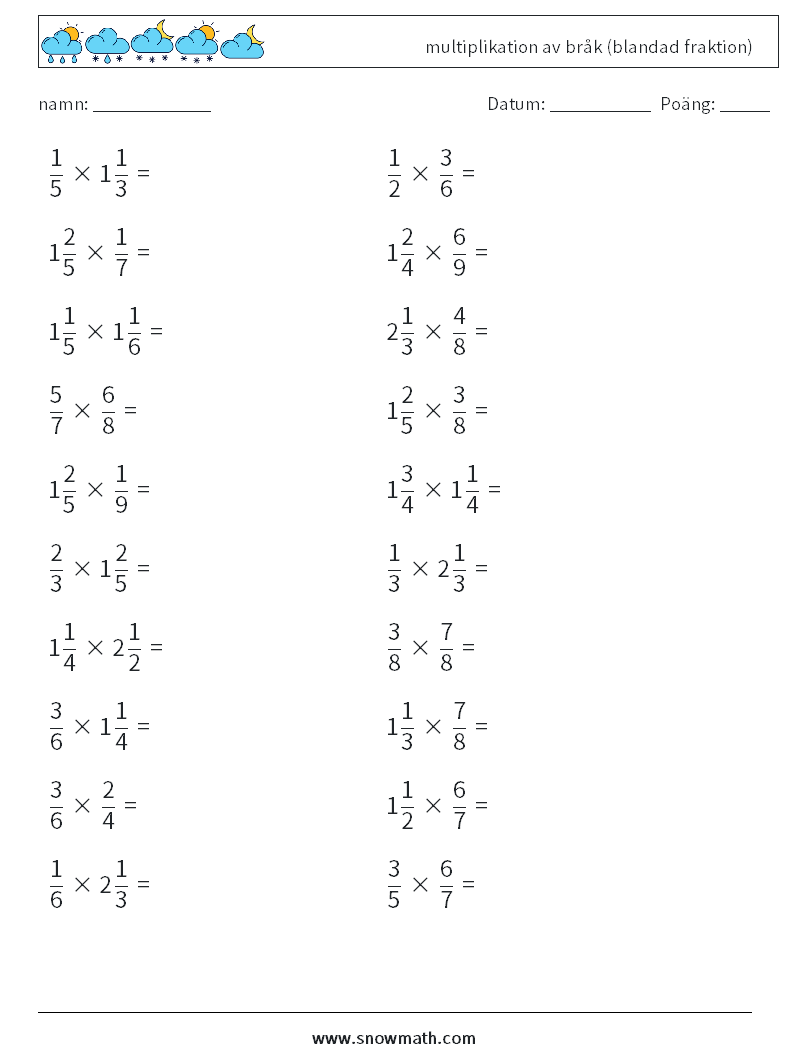 (20) multiplikation av bråk (blandad fraktion) Matematiska arbetsblad 4