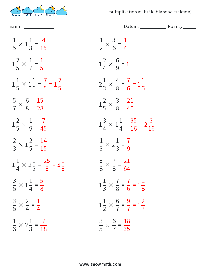 (20) multiplikation av bråk (blandad fraktion) Matematiska arbetsblad 4 Fråga, svar